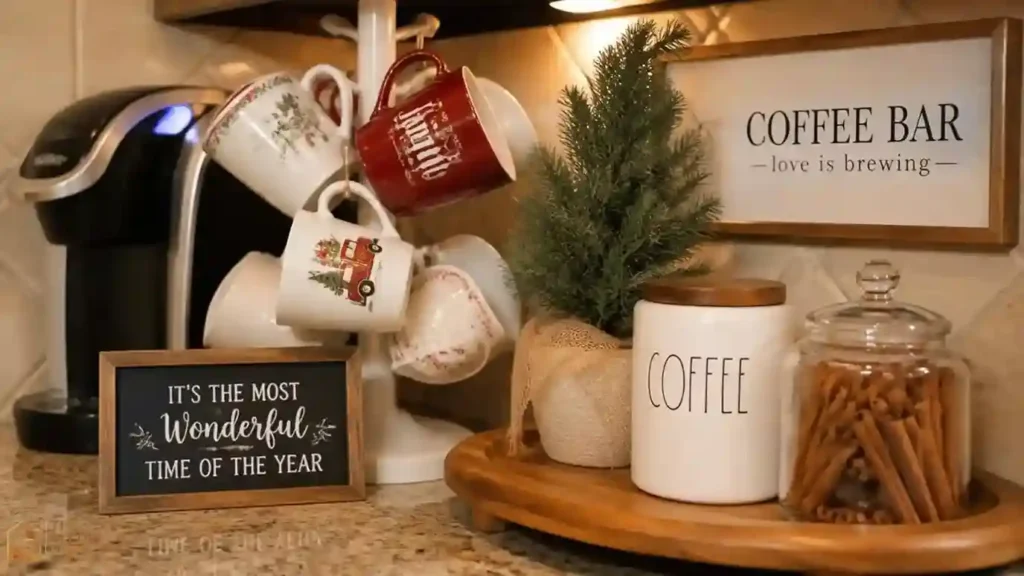 Coffee bar styled for Christmas with seasonal mugs, cinnamon sticks, and a small chalkboard sign