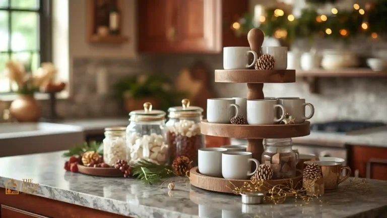 Styled holiday hot cocoa bar with tiered stand, mismatched mugs, and toppings in glass jars