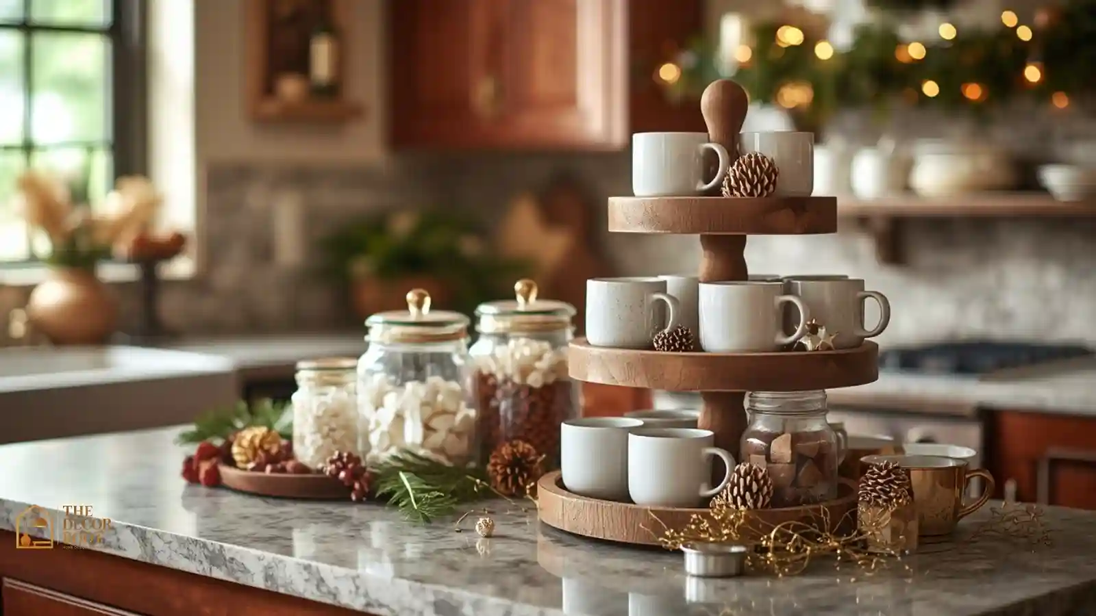 Styled holiday hot cocoa bar with tiered stand, mismatched mugs, and toppings in glass jars