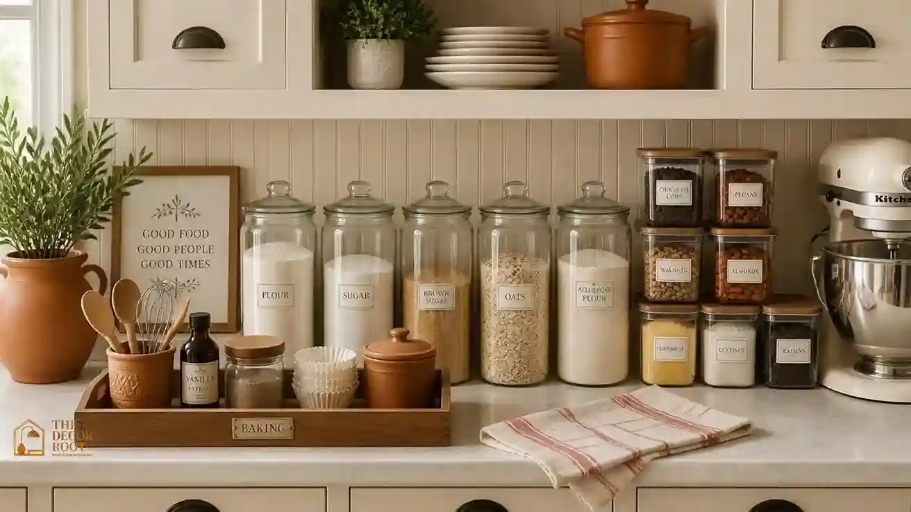 Organized holiday kitchen with labeled bins, stacked containers, and clear counter space
