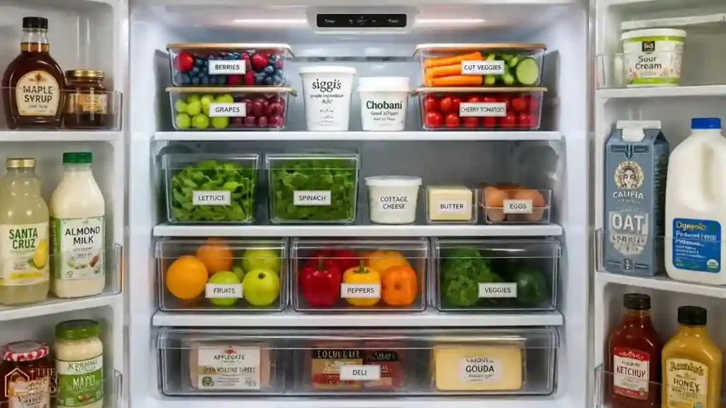 Organized refrigerator shelves with labeled bins and stackable containers before Christmas cooking