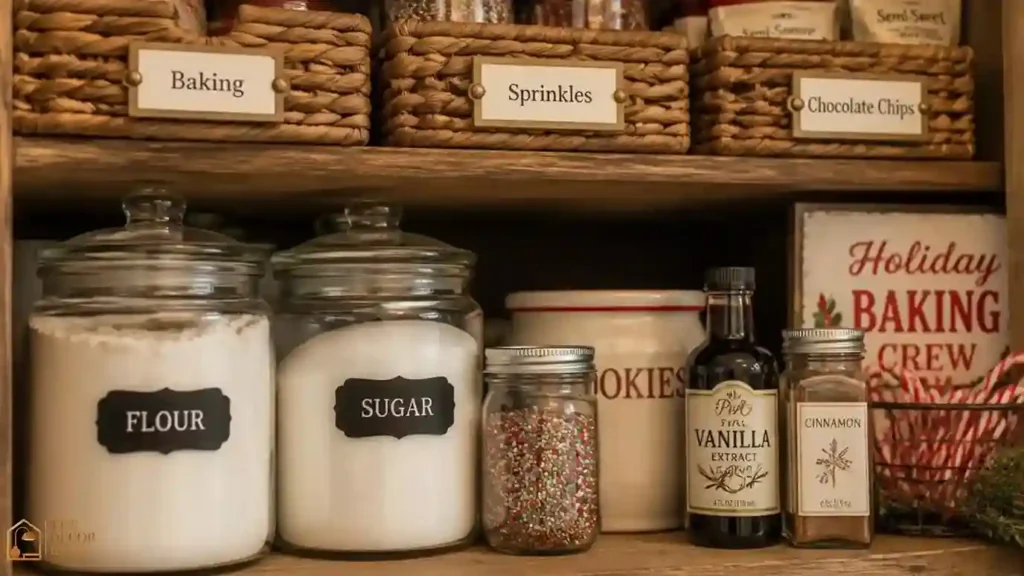 Organized pantry shelf with labeled baskets and holiday baking ingredients at the front
