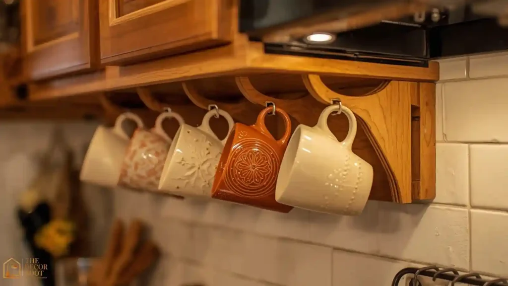 Wall-mounted mug rack styled with mismatched holiday mugs above a hot cocoa bar