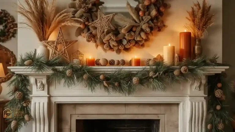 A boho-styled living room mantel with pampas grass, rattan ornaments, and warm rust-toned stockings for Christmas