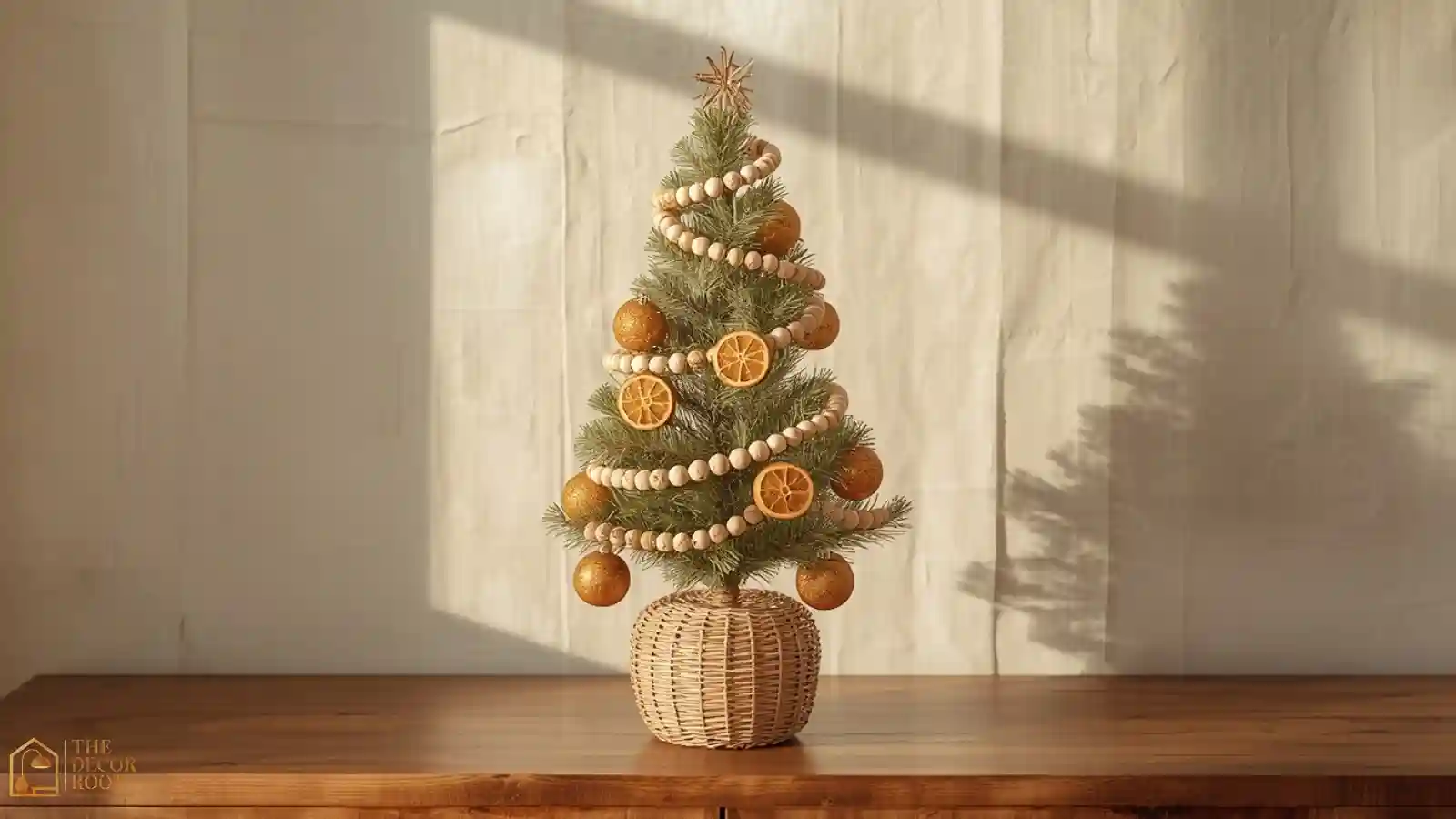 A rattan mini Christmas tree decorated with wood bead garland and dried orange slice ornaments on a wooden console table