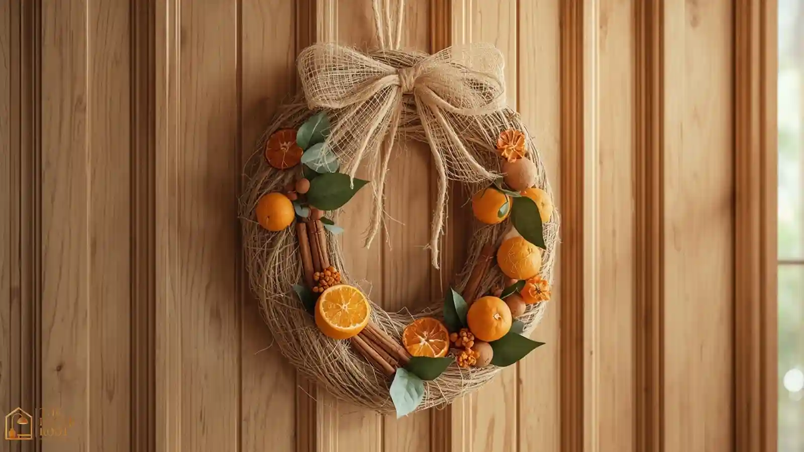 A jute rope Christmas wreath with dried orange slices and cinnamon sticks hanging on a wood front door