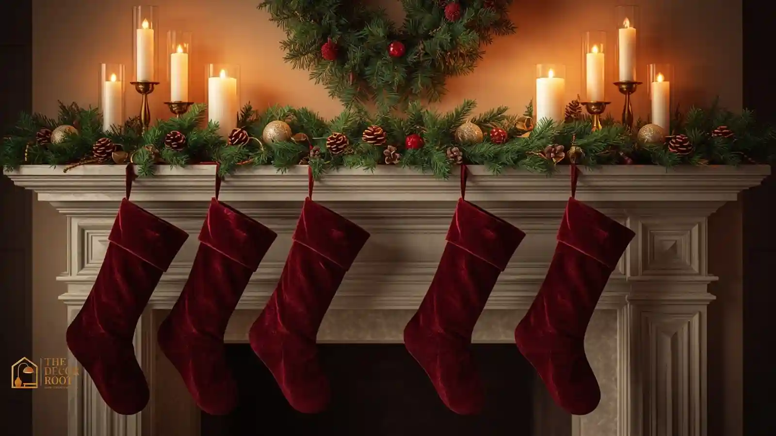 Living room mantel styled with deep burgundy stockings, gold candlesticks, and a pine garland for a rich Christmas look