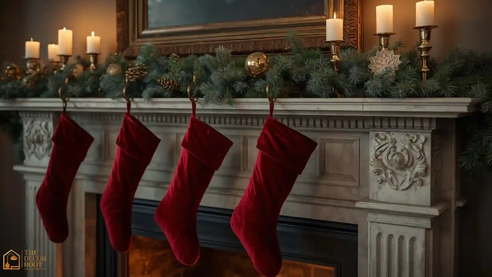 Fireplace mantel decorated with burgundy velvet stockings, gold candlesticks, and pine garland for Christmas