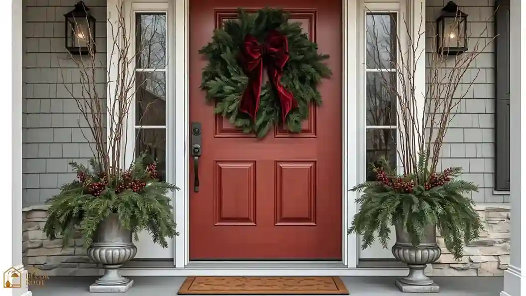 Front door wreath with burgundy velvet bow and pine greenery flanked by burgundy porch planters