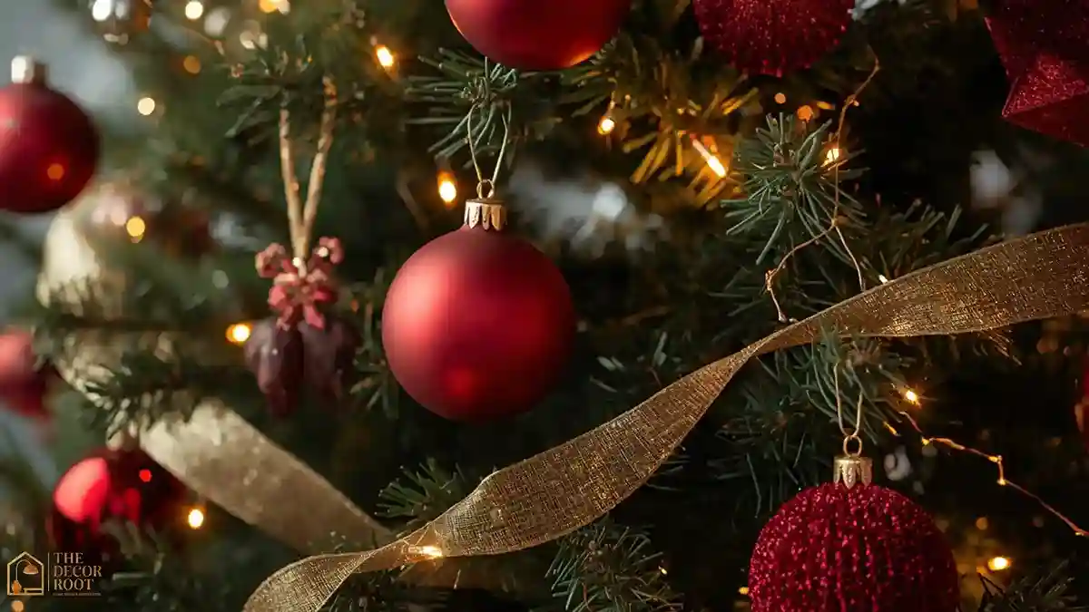 Christmas tree decorated entirely in burgundy glass and matte ornaments with gold ribbon accents