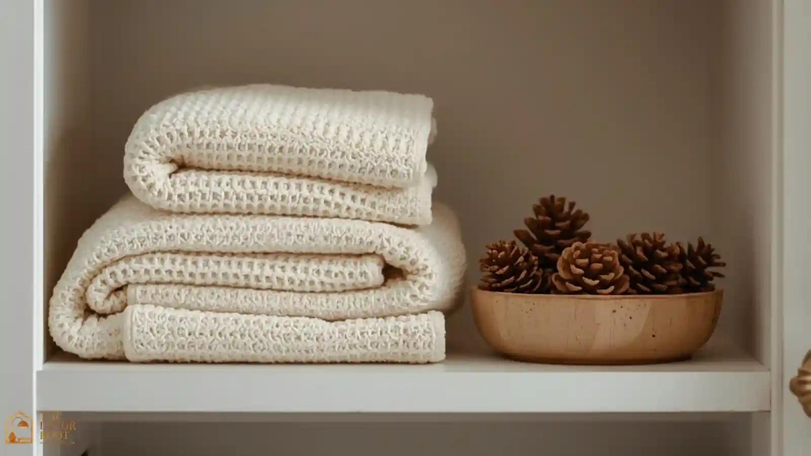 Folded cream waffle-knit hand towels on a bathroom shelf with a small pinecone dish
