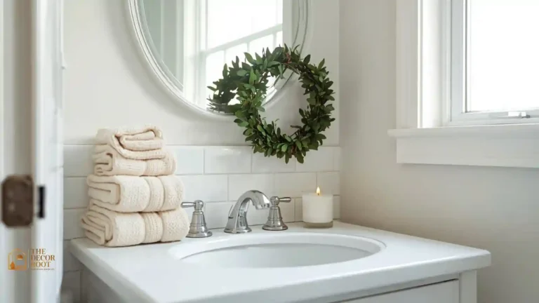 A small bathroom counter styled with a mini pine wreath, white hand towels, and a flameless candle for Christmas bathroom decor