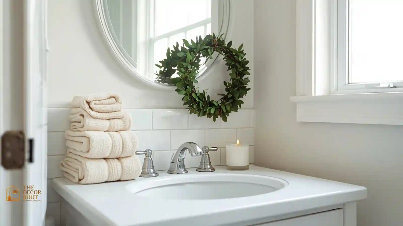 A small bathroom counter styled with a mini pine wreath, white hand towels, and a flameless candle for Christmas bathroom decor