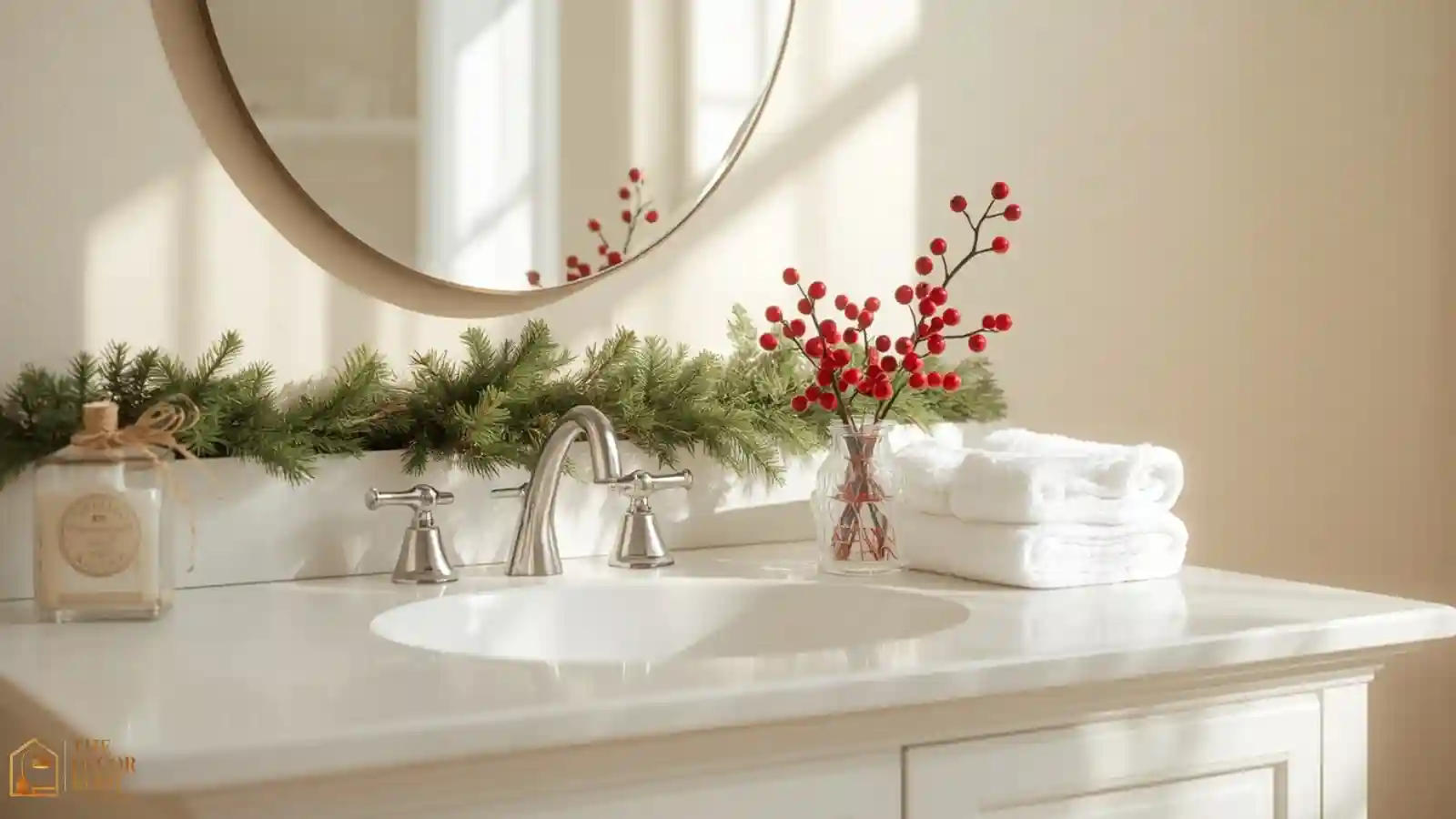 A guest bathroom vanity decorated with a small pine garland, white towels, and a red-berry accent for Christmas