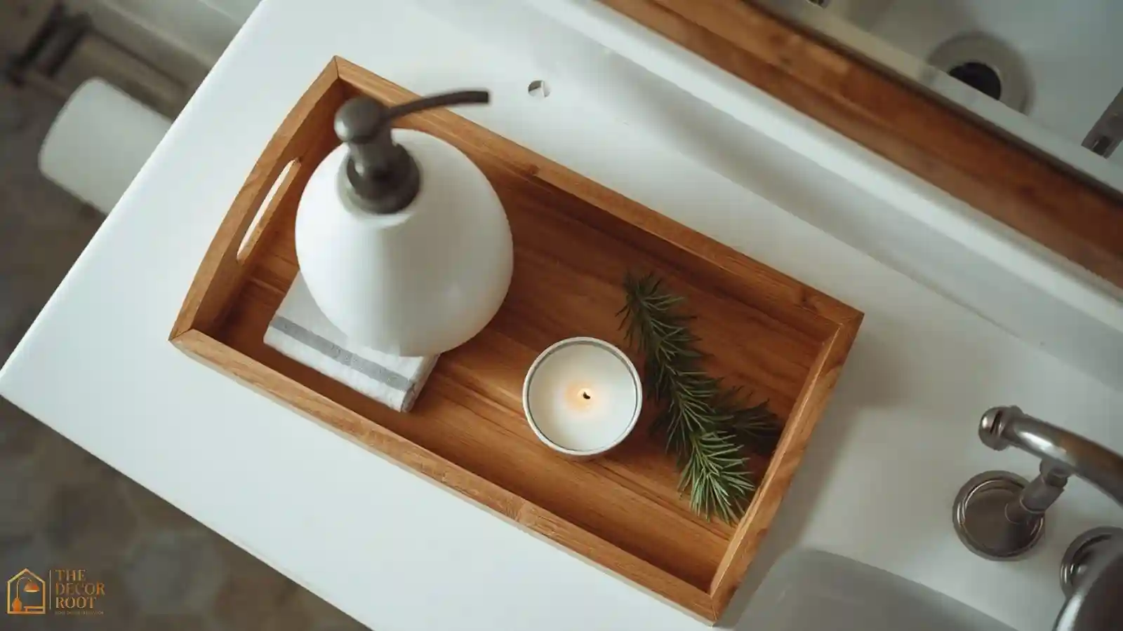 A wood tray on a bathroom counter holding a foaming soap dispenser, small candle, and pine sprig