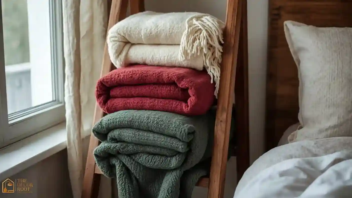 A wooden blanket ladder holding three folded holiday-toned throws beside a styled Christmas bed