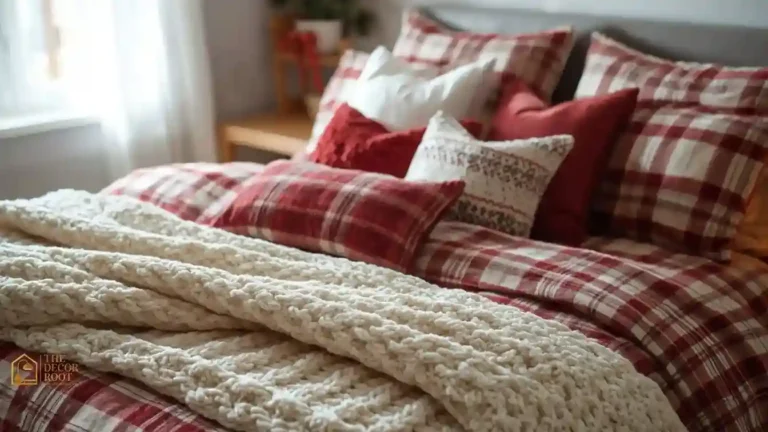 A neatly made bed layered with plaid flannel sheets, a cream knit throw, and velvet holiday pillows against a soft winter light