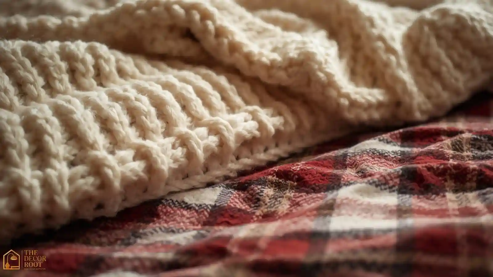 Close-up of layered plaid flannel sheets and a cream chunky knit throw folded at the foot of a bed