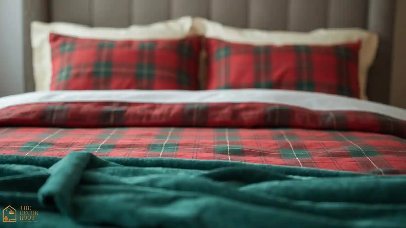 A tartan plaid duvet cover styled with solid cream pillows and a folded green velvet coverlet at the foot of the bed