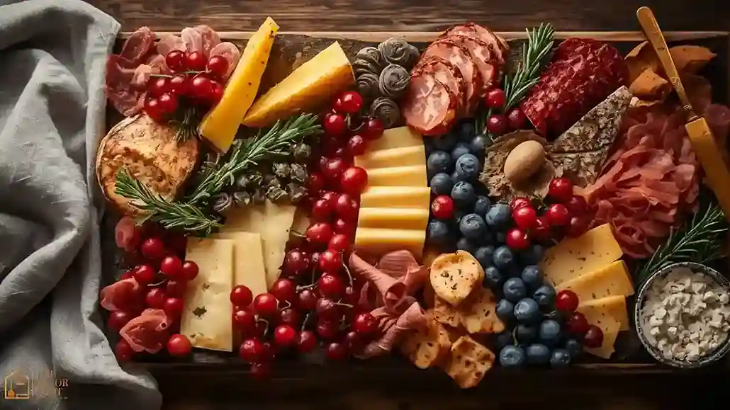 A finished Christmas charcuterie board with gold-tone serving utensils and linen napkins alongside it.