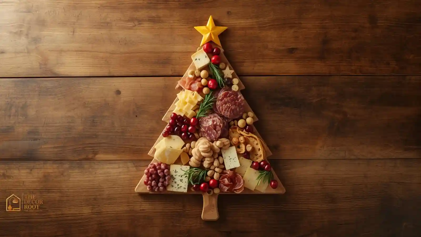 A Christmas tree-shaped charcuterie board with cheese, cured meats, cranberries, and rosemary sprigs.