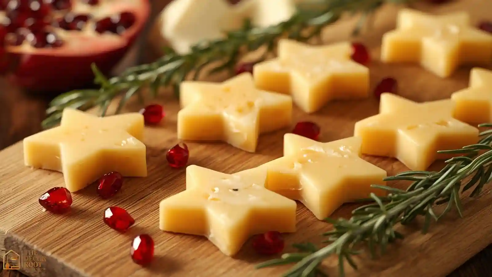 Close-up of a wood charcuterie board with star-shaped cheese cutouts and fresh rosemary garnish.