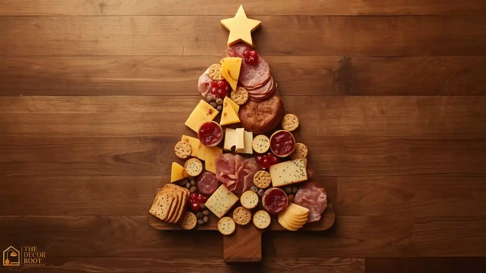 A charcuterie board arranged in the shape of a Christmas tree with a star-shaped cheese cutout at the top.