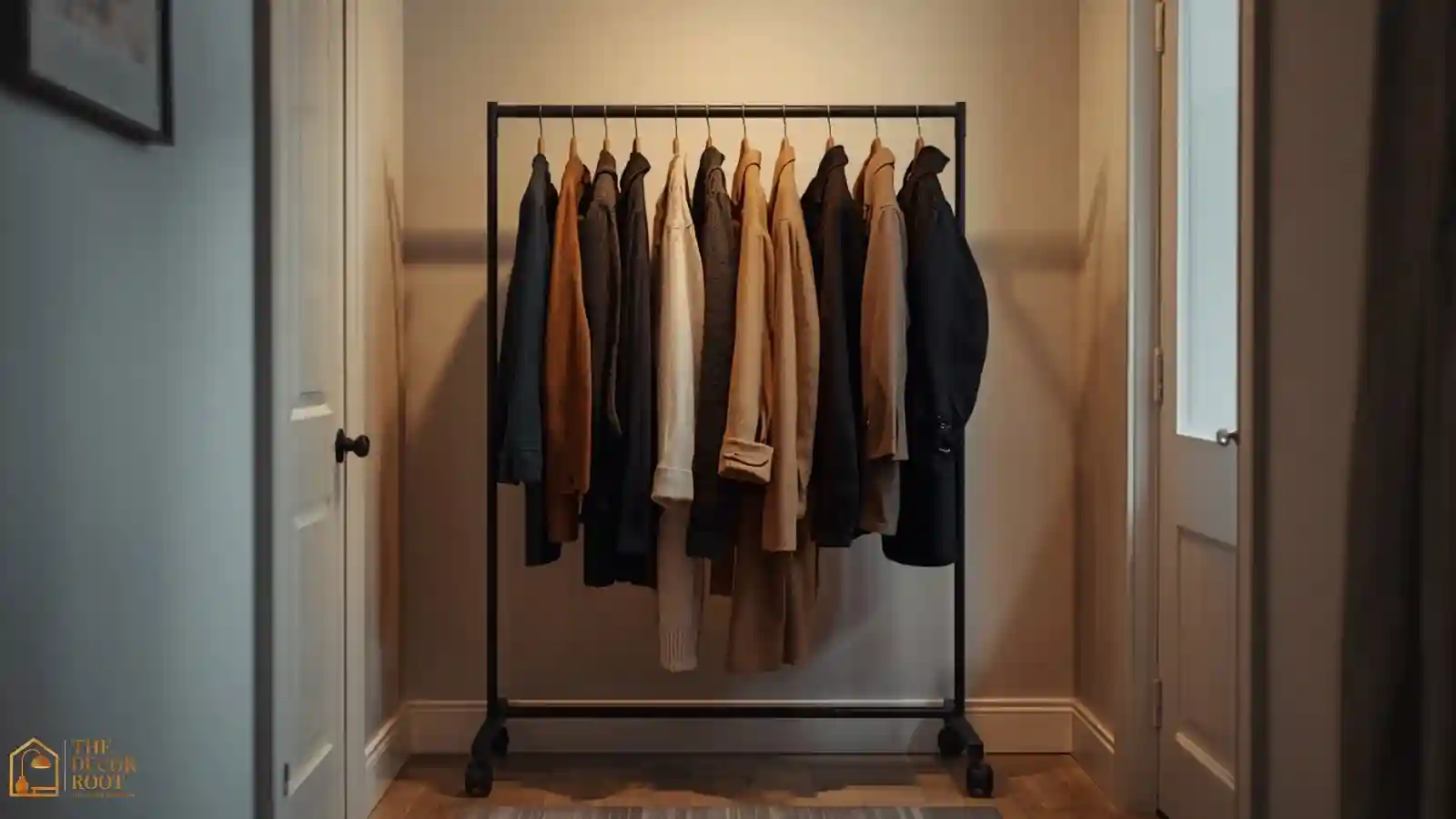 A rolling garment rack set up in a hallway holding extra coats for a holiday party