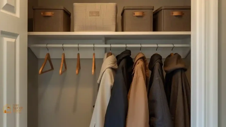 An organized coat closet with matching wood hangers, a hook rail, and labeled bins for holiday guest storage