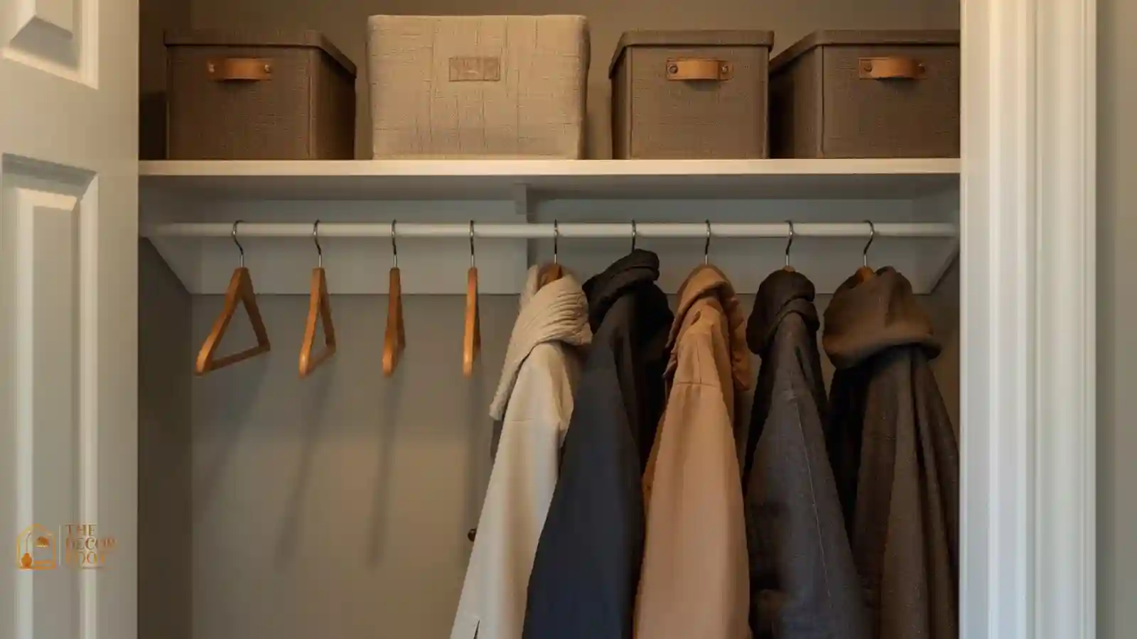 An organized coat closet with matching wood hangers, a hook rail, and labeled bins for holiday guest storage