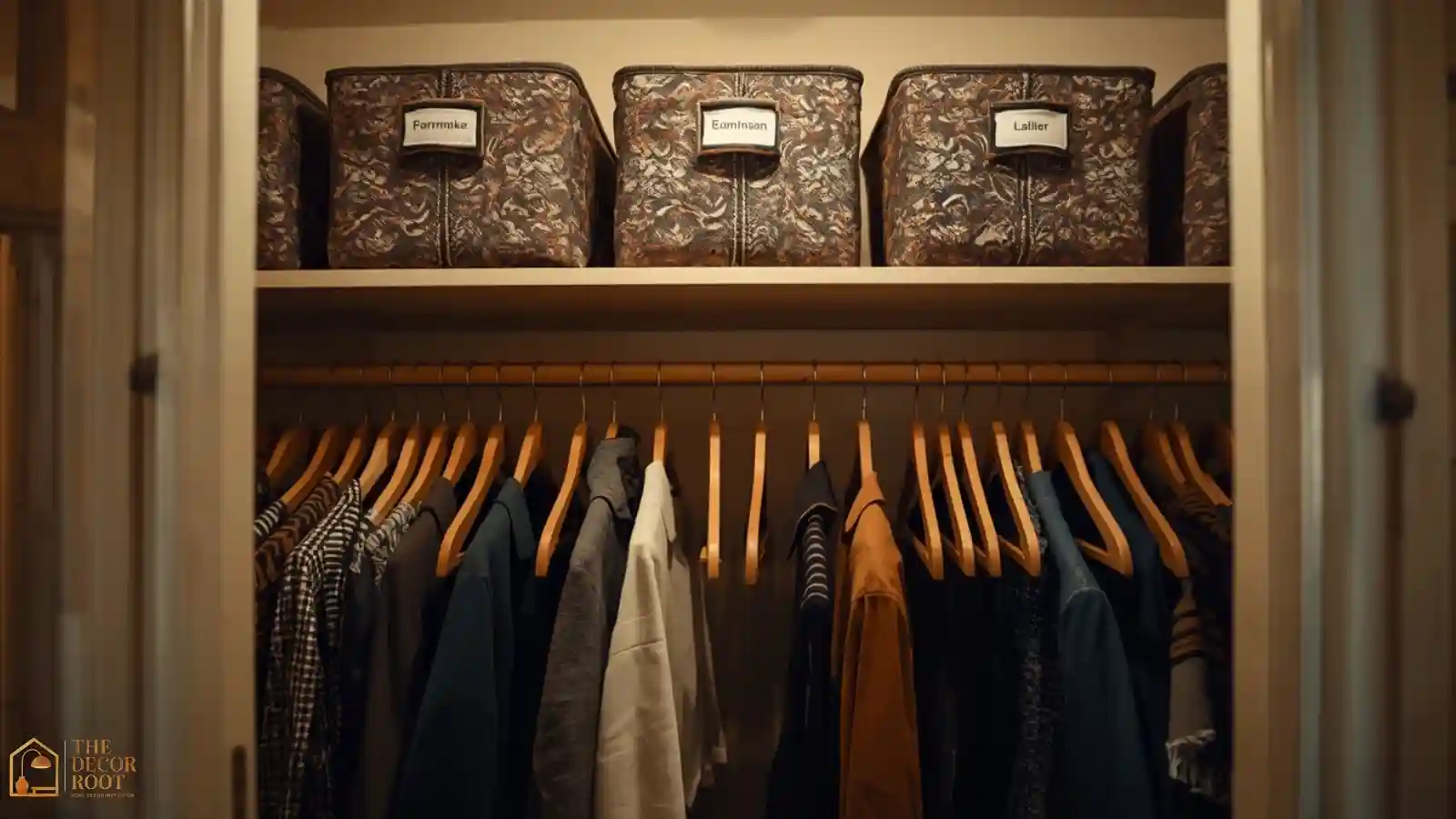 An open closet with matching hangers and a shelf of labeled storage bins prepared for holiday guests