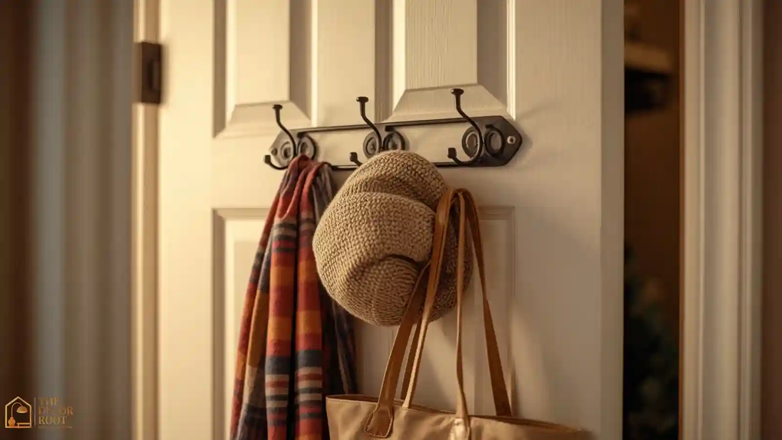 An over-door hook organizer holding scarves, hats, and bags inside a coat closet