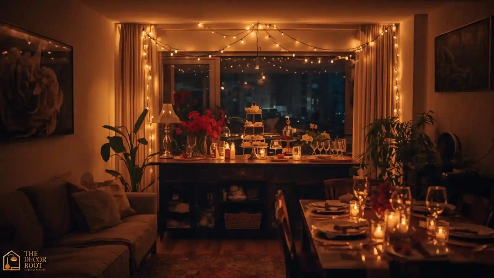 A small apartment living room glowing with string lights and a tiered dessert stand set out for a Christmas party.