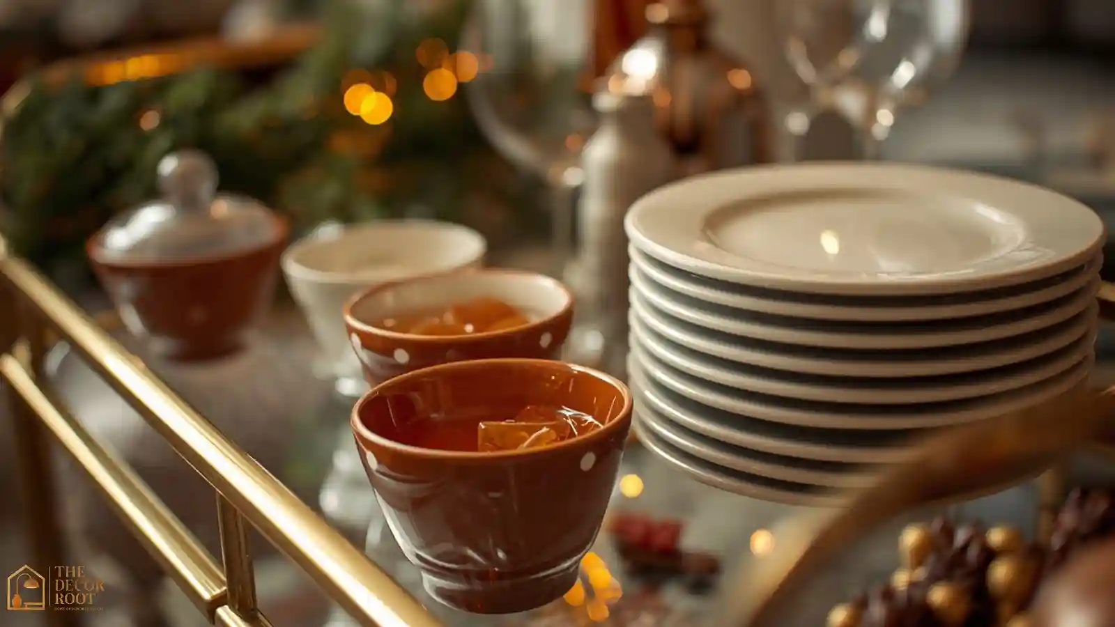 A bar cart set up as a buffet-style serving station for a small Christmas dinner party.