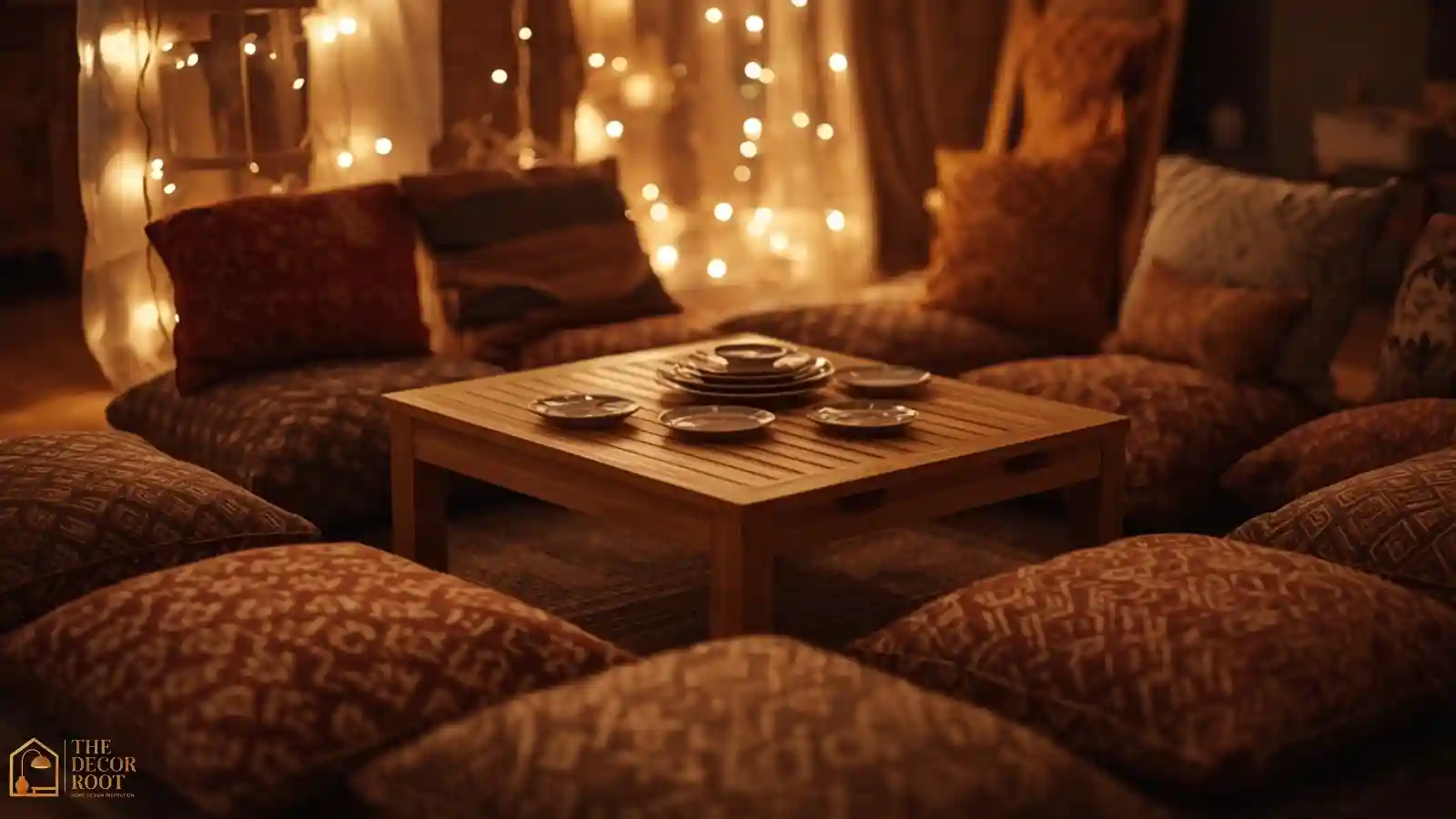 Floor cushions arranged around a low coffee table set with Christmas dinner plates for overflow seating.