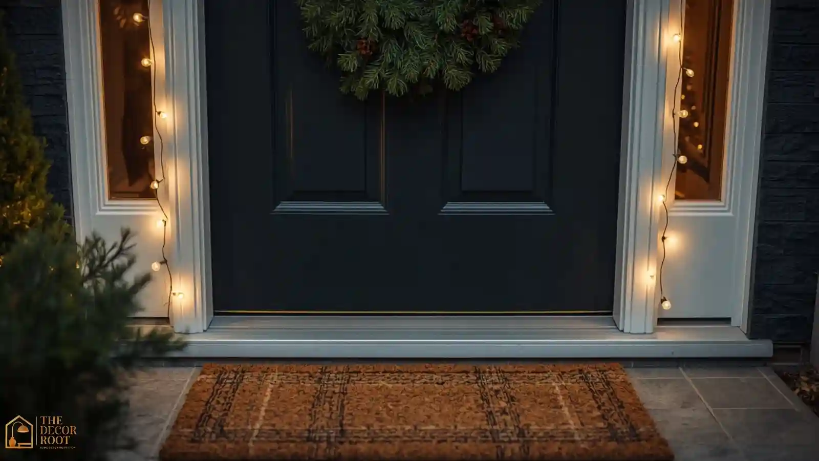 A front door detail with a pine wreath, warm string lights, and a woven doormat for Christmas