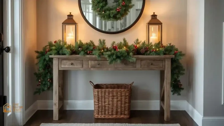 A small entryway console table styled with a pine garland, lanterns, and a woven basket for Christmas