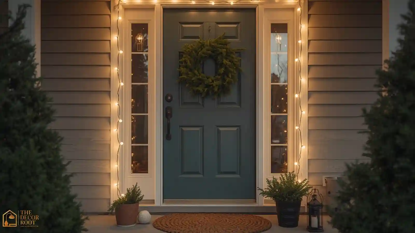 A front door entryway decorated with a pine wreath, string lights, and a doormat for the holidays