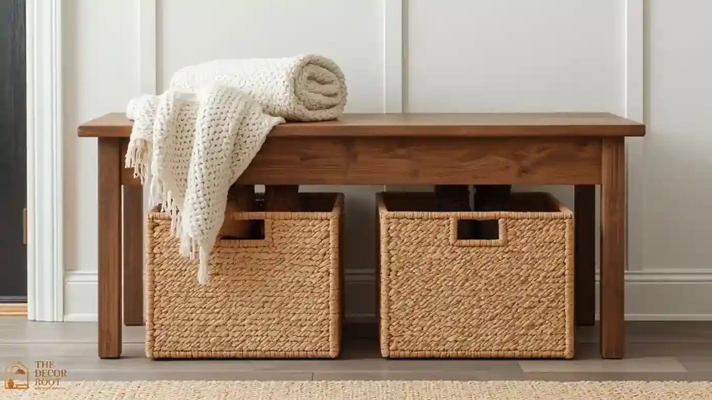 An entryway bench with woven baskets, a folded throw, and boots tucked underneath for Christmas storage
