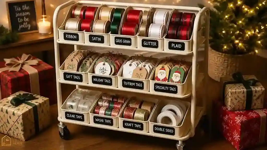 A finished three-tier rolling cart wrapping station with labeled bins for ribbon, tags, and tape