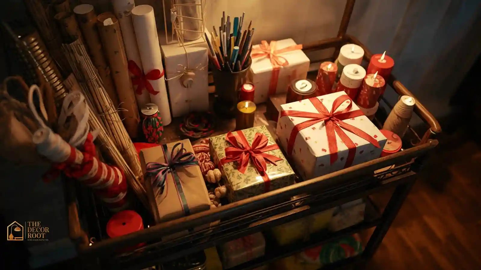 A rolling cart wrapping station stocked with rolls of Christmas wrapping paper, ribbon spools, and labeled gift tags