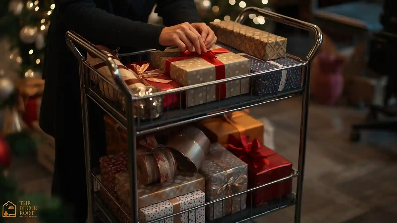 A woman wrapping a gift at a rolling cart Christmas wrapping station filled with organized ribbon and paper rolls