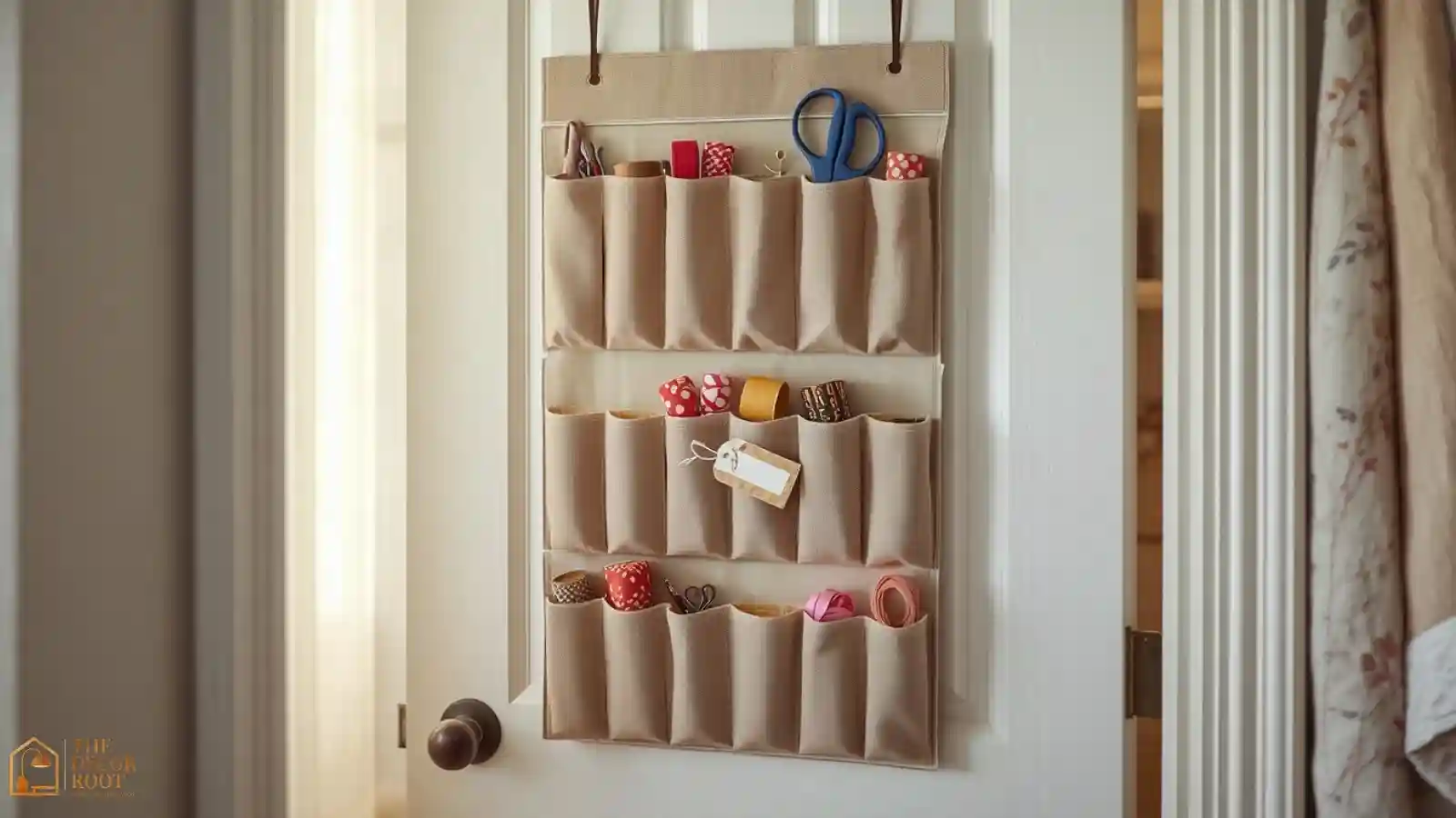 An over-the-door organizer repurposed for wrapping supplies, holding ribbon spools, gift tags, and small tools