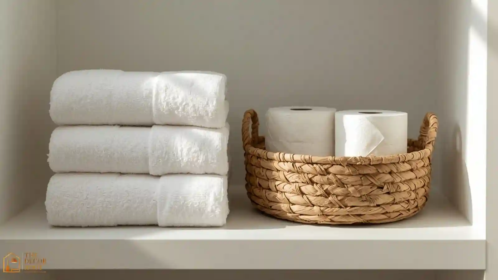 Neatly stacked fresh towels and a visible extra roll of toilet paper in an open basket in a guest bathroom