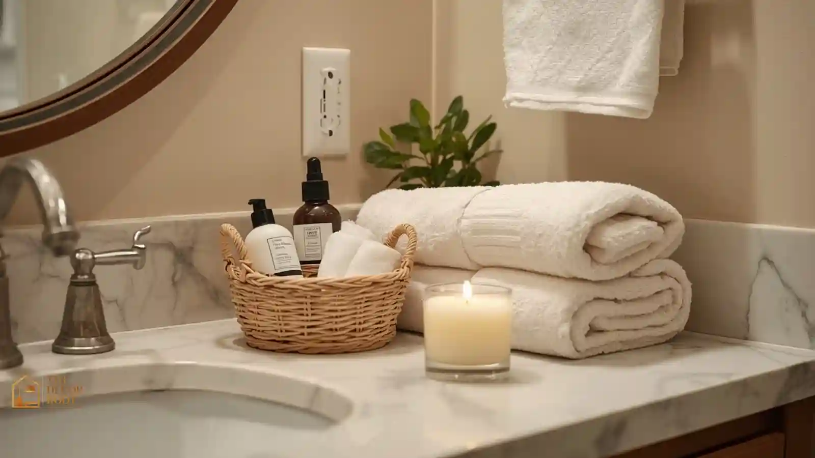 A guest bathroom counter with a basket of travel toiletries, folded towels, and a small candle for the holidays