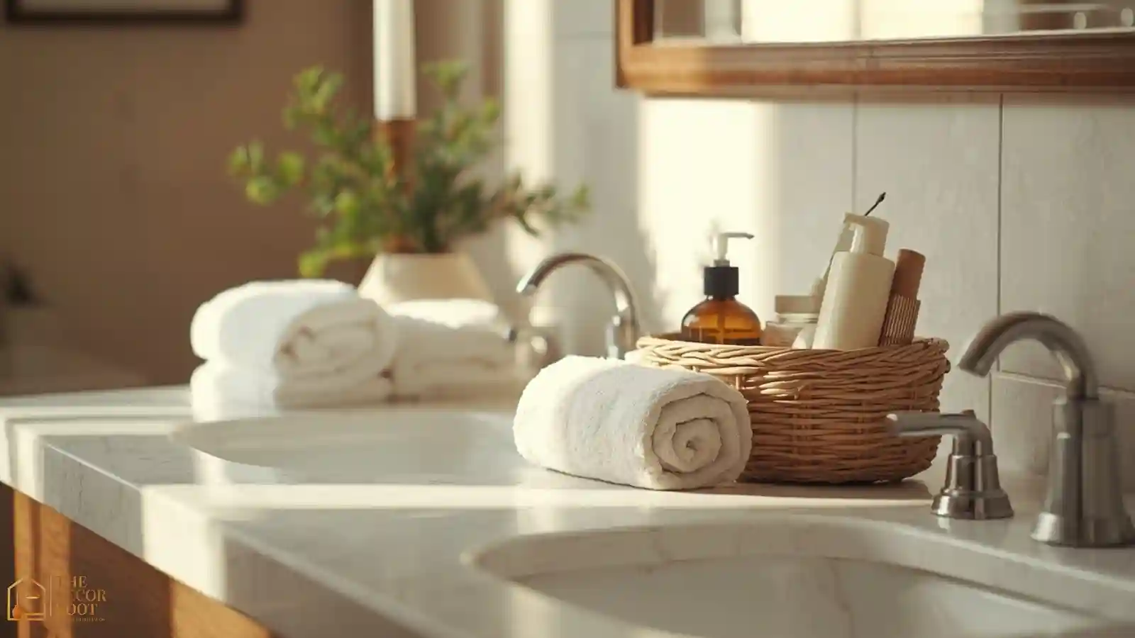 A guest bathroom vanity styled with fresh towels, a basket of toiletries, and a small pine accent