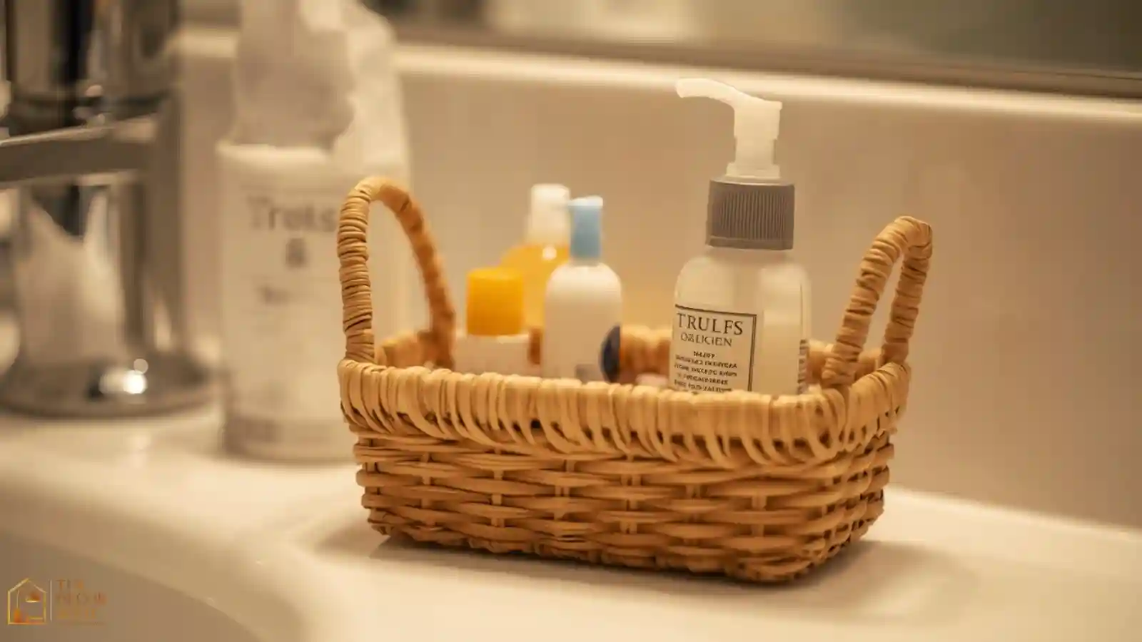 A small woven amenity basket with travel toiletries set on a guest bathroom counter