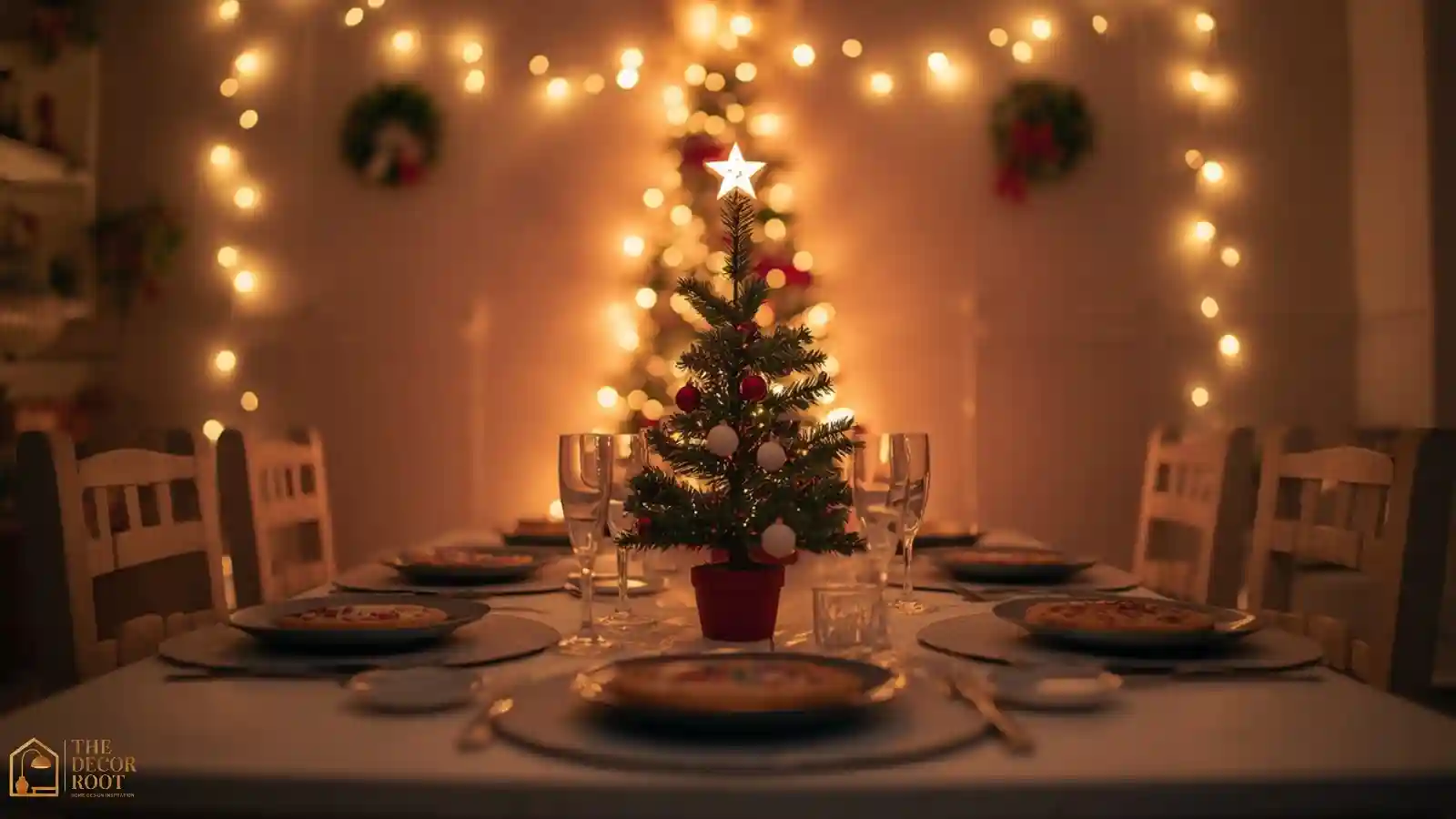A finished kids Christmas table with a mini decorated tree, twinkle lights, and cookie decorating station.