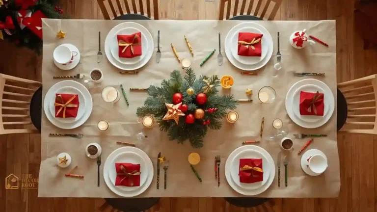 A colorful kids Christmas table with butcher paper cover, crayons, and a mini hot cocoa station.