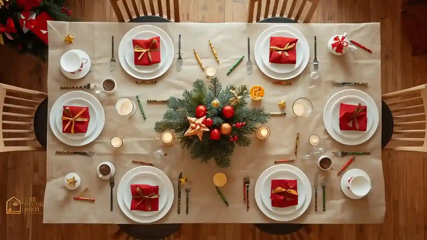 A colorful kids Christmas table with butcher paper cover, crayons, and a mini hot cocoa station.